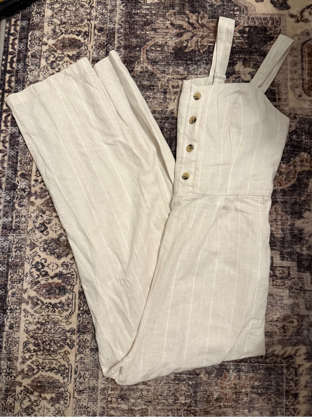 Old Navy Cream Striped Linen-Blend Button Front Jumpsuit